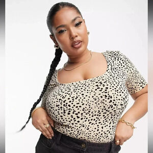 ASOS DESIGN Curve skinny fit t-shirt bodysuit in mini leopard print US 22